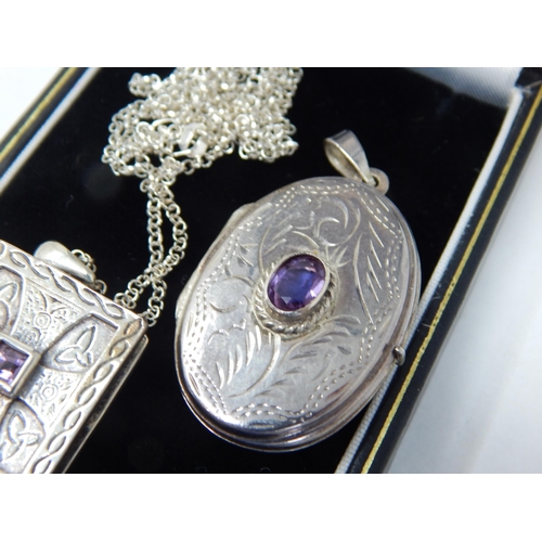 959 - Two Silver & Amethyst Set Lockets with Silver Chain: Gross weight 24.5g