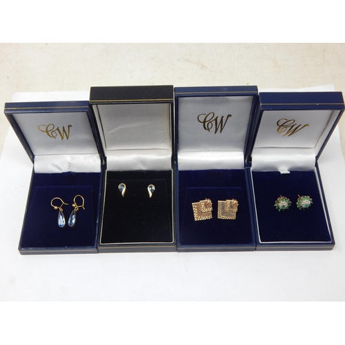 960 - Four Pairs of 9ct Gold Gem Set Earrings: Gross weight 6.6g in Presentation cases