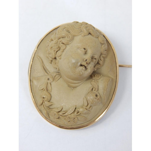 128 - 19th Century Gold Framed Lava Cameo Carved in Relief: 4cm x 3.2cm