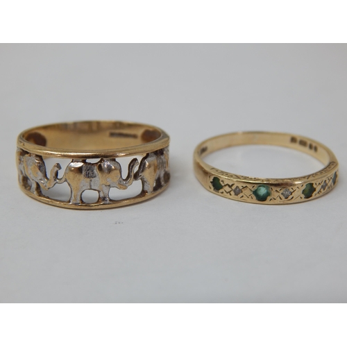 135 - 2 x 9ct Yellow Gold Rings: One Set with Small Emeralds & Diamonds, The Other Having a Band of Elepha... 