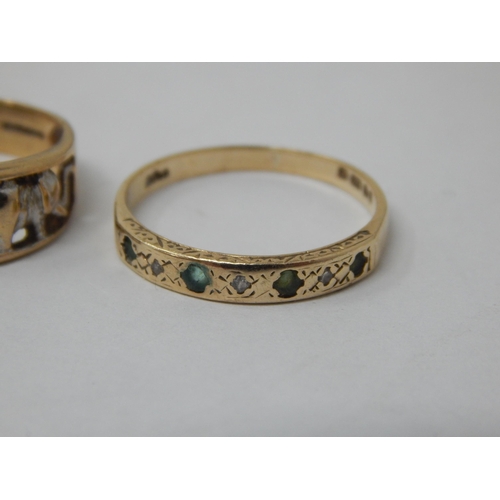 135 - 2 x 9ct Yellow Gold Rings: One Set with Small Emeralds & Diamonds, The Other Having a Band of Elepha... 