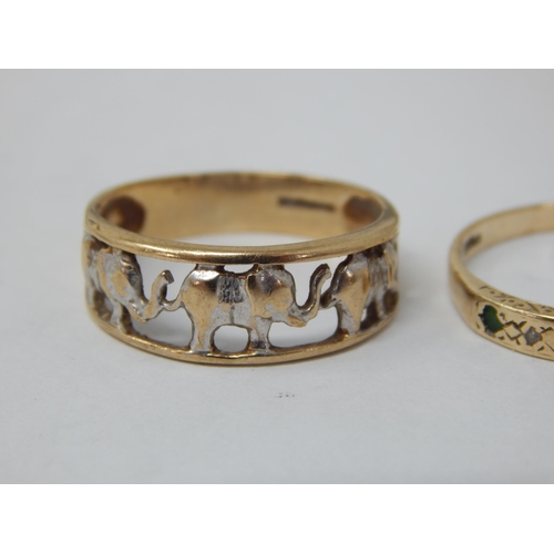 135 - 2 x 9ct Yellow Gold Rings: One Set with Small Emeralds & Diamonds, The Other Having a Band of Elepha... 