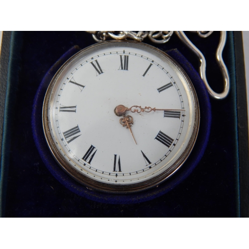 155 - Ladies Hallmarked Silver Key Wind Open Face Fob Watch with Silver Albert Chain in Watch Case