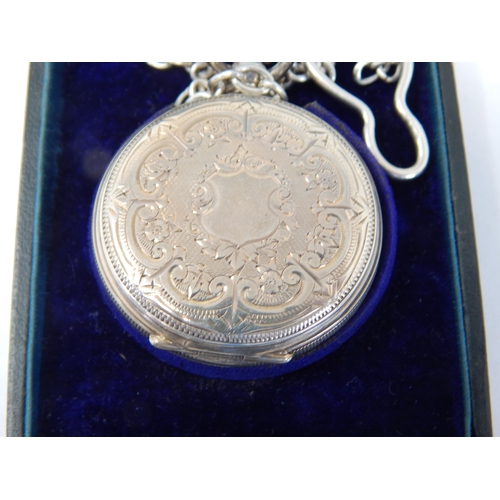 155 - Ladies Hallmarked Silver Key Wind Open Face Fob Watch with Silver Albert Chain in Watch Case