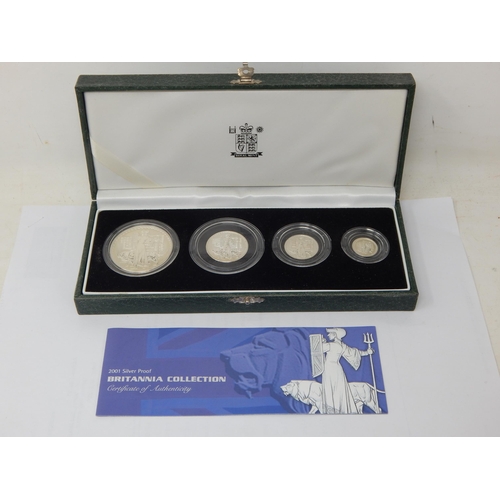 94 - Royal Mint 2001 Silver Britannia 4-Coin Collection in Case of Issue with COA