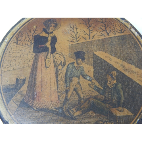 186 - A George III French Black Lacquered Circular Box, The Lid with a Scene Depicting a Boy with His Moth... 