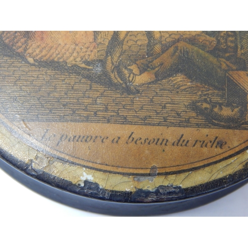 186 - A George III French Black Lacquered Circular Box, The Lid with a Scene Depicting a Boy with His Moth... 