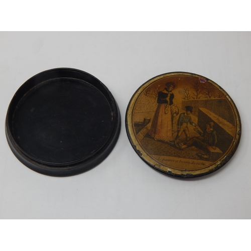 186 - A George III French Black Lacquered Circular Box, The Lid with a Scene Depicting a Boy with His Moth... 