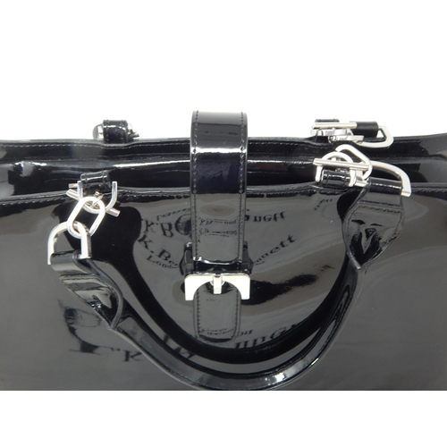 301 - L.K BENNETT, LONDON: Black Patent Leather Twin Handled Bag with Fold Over Clasp, Zipped Top Revealin... 