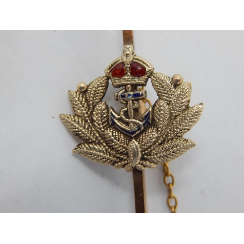 196 - 9ct Gold Naval Badged Brooch with Safety Chain: Measures 9cm: Weight 6.5g