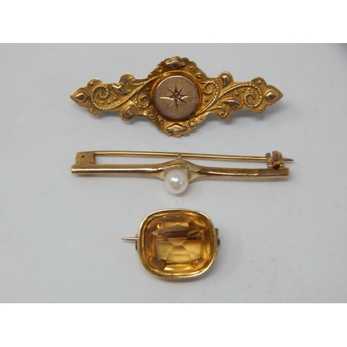 217 - Antique Gold Citrine Brooch together with two 9ct Gold Bar Brooches: Gross weight 6.63g