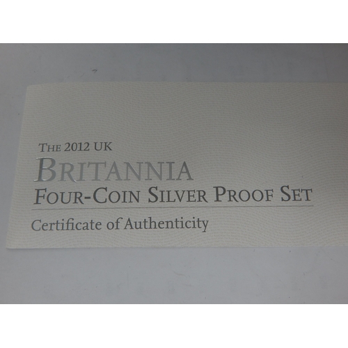 46 - Royal Mint 2012 UK Fine Silver Proof Four Coin Britannia Set in Case of Issue with COA & Original Pu... 