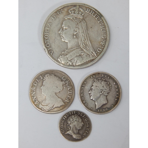7B - Queen Anne Silver Shilling 1711, George III Silver 3d 1762, George IV Silver Shilling 1826, Victoria... 