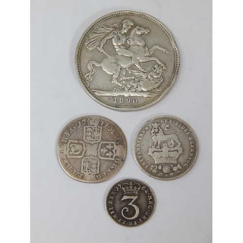 7B - Queen Anne Silver Shilling 1711, George III Silver 3d 1762, George IV Silver Shilling 1826, Victoria... 