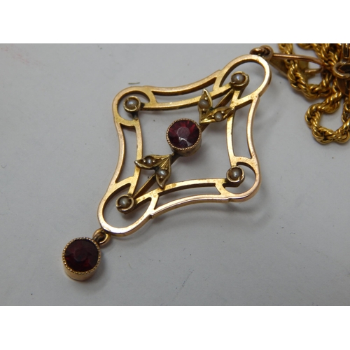 245 - Edwardian 9ct Gold Garnet & Seed Pearl Pendant Necklace: gross weight 6.7g