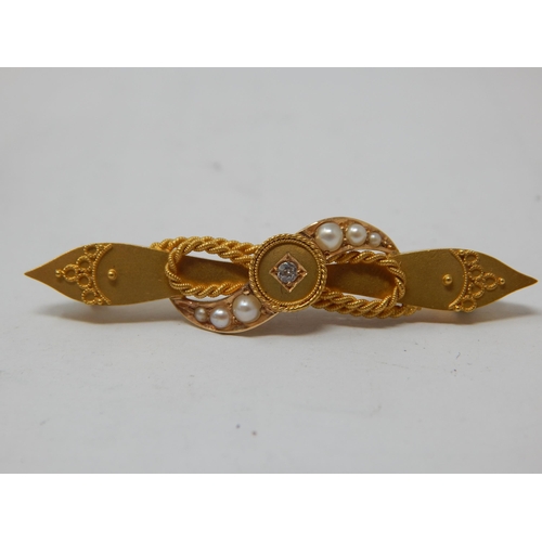 249 - Victorian 15ct Gold Brooch Set with a Small Central Diamond & Seed Pearls: 4.5cm wide: Gross weight ... 