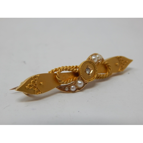 249 - Victorian 15ct Gold Brooch Set with a Small Central Diamond & Seed Pearls: 4.5cm wide: Gross weight ... 