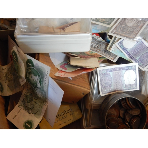 7H - A Large Cardboard Box Containing a Huge Quantity of UK & World Coinage together with Banknotes: Sort... 