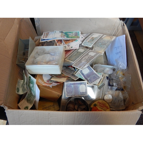 7H - A Large Cardboard Box Containing a Huge Quantity of UK & World Coinage together with Banknotes: Sort... 