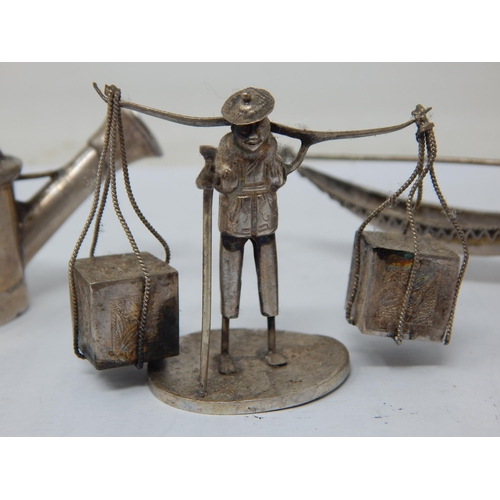 265 - Chinese Silver Models of a Figure Carrying Boxes of Tea, Boat & a Watering Can; One with Mark to Und... 