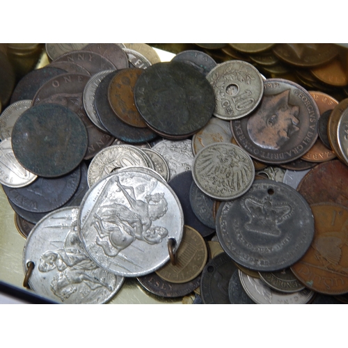 16 - Vintage cash tin containing a large selection of World coinage including some Silver coins