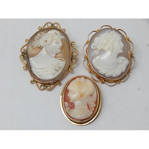 3 x vintage Cameo brooches, 2 in 9ct Gold,  one in 14ct Gold