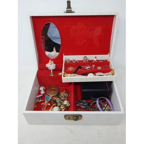 A jewellery box containing a selection of watches, costume jewellery and gold coloured items, etc