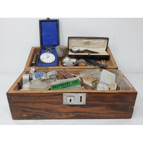 275 - A Wooden Box Containing a Large Quantity of Wristwatches, Movements, Parts etc: From a Watch Repaire... 