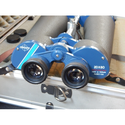 381 - A Pair of SWIFT 20 x 80 Extra Wide Field Bird Watching Binoculars in Fitted Aluminium Case