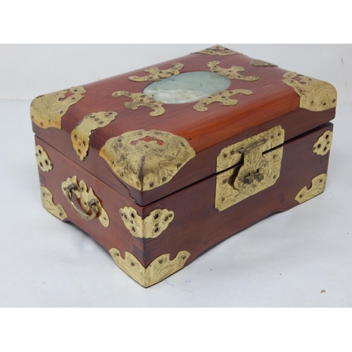 280 - An Oriental Jewellery Box with Jadeite Panel Containing a Quantity of Costume Jewellery & Watches