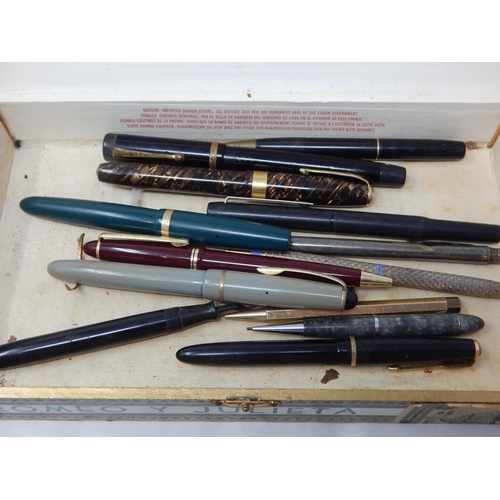 388 - A Cigar Box Containing a Quantity of Vintage Fountain Pens & Pencils