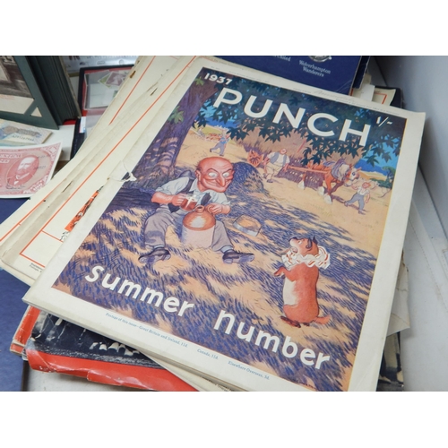 391 - A Collection of Early Punch Magazines, Stamps, FDC's, Banknotes, Postcard Album, 1972 FA Cup Medalli... 