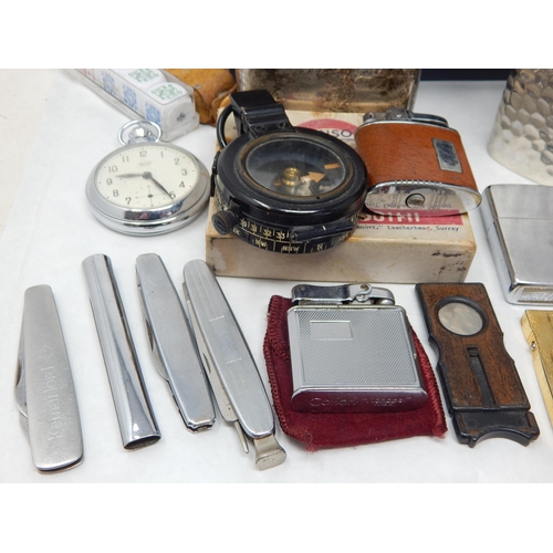 393 - Military Compass, Collection of Lighters Including Dunhill, Hip Flasks, Penknives, Cigar Cutters, Sh... 