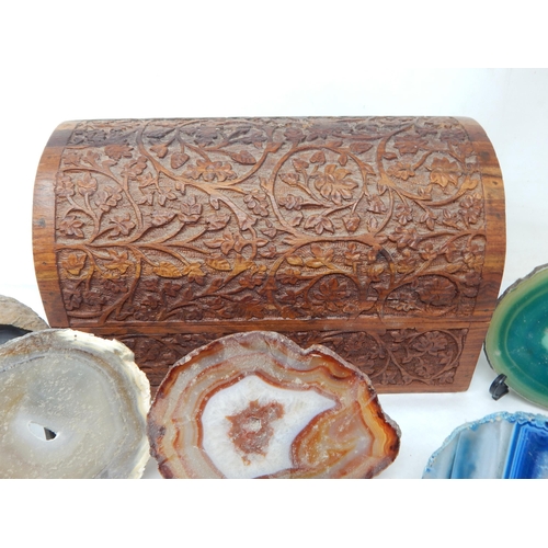 396 - A Carved Domed Topped Wooden Box Containing a Quantity of Specimen Rock Slices (8)