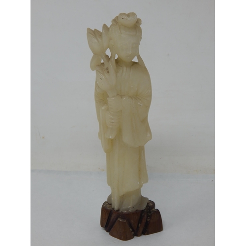 402 - Oriental Jade, Jadeite Figure of a Deity on Carved Wooden Base: 17.5cm High