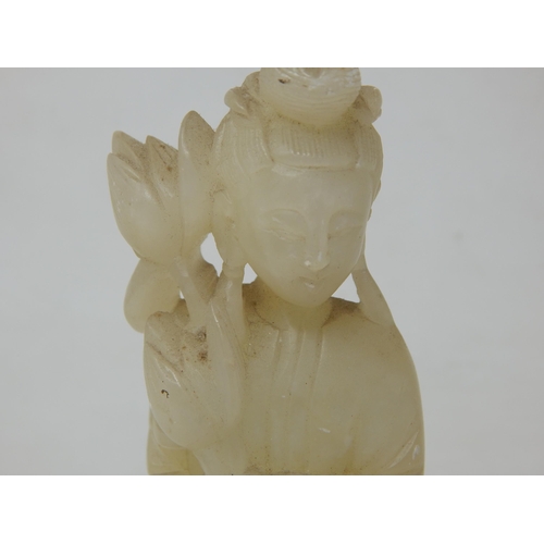 402 - Oriental Jade, Jadeite Figure of a Deity on Carved Wooden Base: 17.5cm High