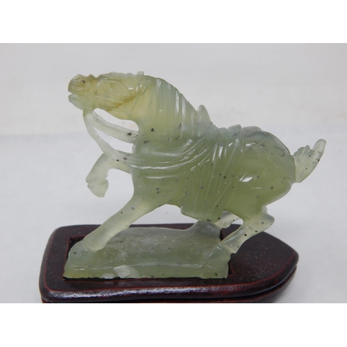 404 - Two Similar Carved Jade/Jadeite Figures of Horses on Wooden Stands 6.8cm wide