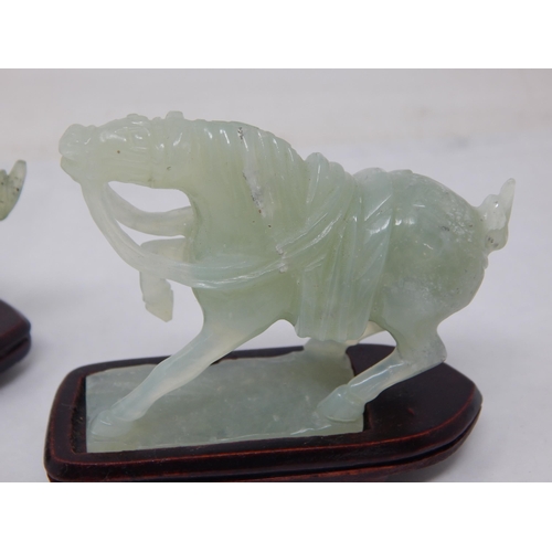 404 - Two Similar Carved Jade/Jadeite Figures of Horses on Wooden Stands 6.8cm wide