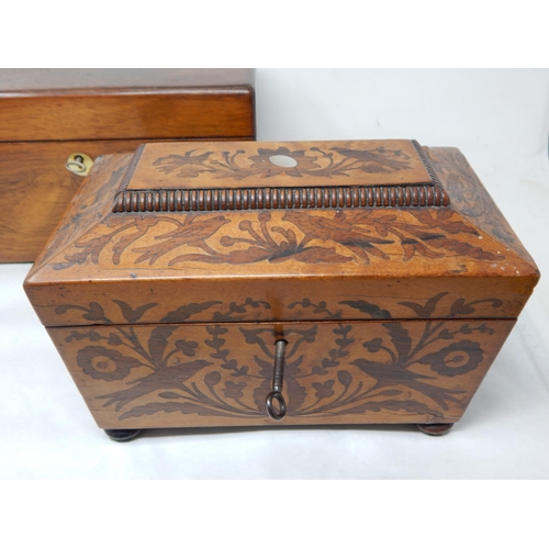 406 - c19th Inlaid Twin Division Tea Caddy with Key together with a further C19th Tea Caddy with Key