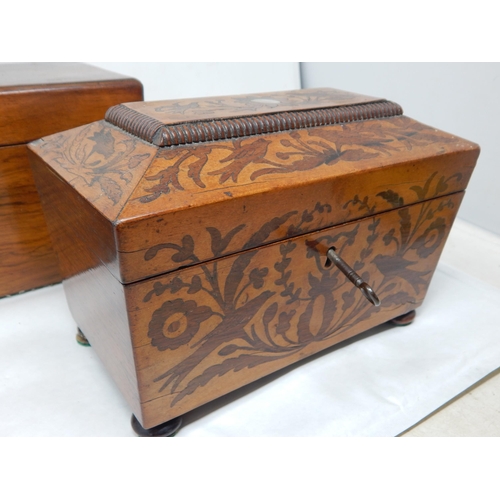 406 - c19th Inlaid Twin Division Tea Caddy with Key together with a further C19th Tea Caddy with Key