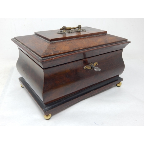 407 - C19th Chinese Wooden Jewellery Box with Velvet Lined Interior, Brass Handle, Escutcheon & Feet: Comp... 