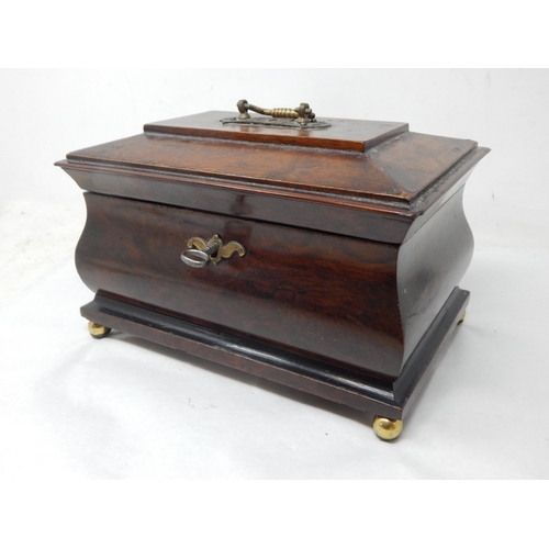 407 - C19th Chinese Wooden Jewellery Box with Velvet Lined Interior, Brass Handle, Escutcheon & Feet: Comp... 