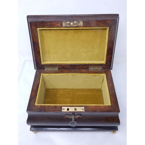 407 - C19th Chinese Wooden Jewellery Box with Velvet Lined Interior, Brass Handle, Escutcheon & Feet: Comp... 