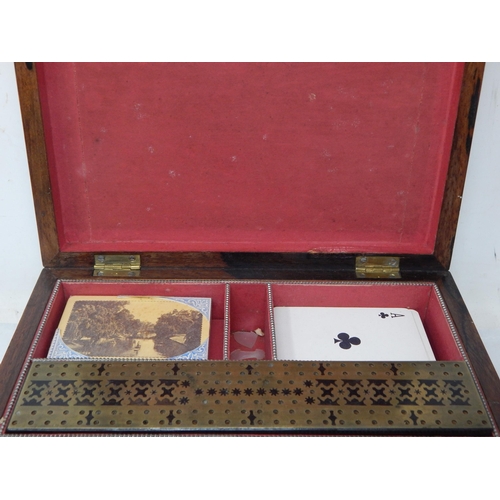 408 - C19th Wooden Games Compendium with Inner Brass Topped Crib Board, Decks of Cards etc: Mother of Pear... 