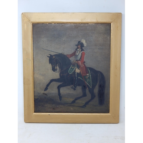 411 - 19th Century Oil on Canvas of a Cavalier on Horseback: Framed, Measuring 42cm x 36,5cm overall