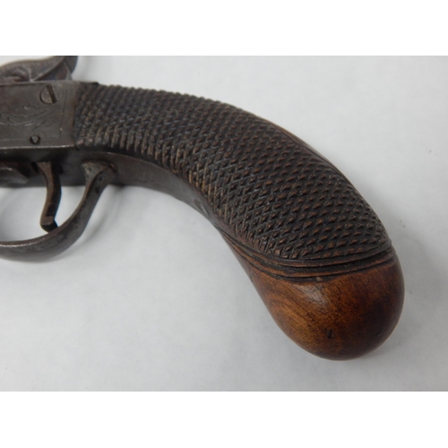 417 - 19th Century Pocket Percussion Pistol with Chequered Wooden Grip & Inlaid White Metal Diamond Shaped... 