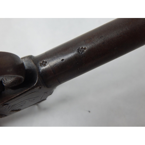 417 - 19th Century Pocket Percussion Pistol with Chequered Wooden Grip & Inlaid White Metal Diamond Shaped... 