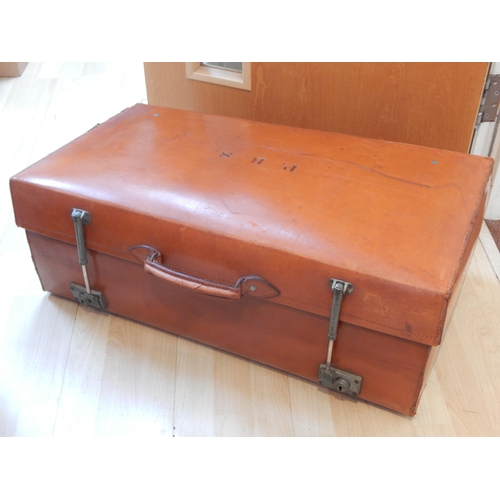 433 - Large Vintage Leather Suitcase 75cm wide x 42cm deep together with two further suitcases