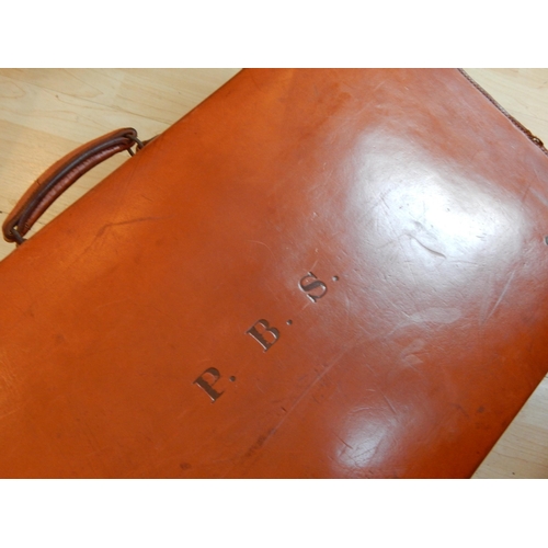 433 - Large Vintage Leather Suitcase 75cm wide x 42cm deep together with two further suitcases