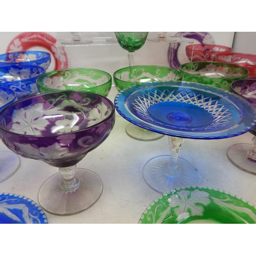 434 - A Quantity of Bohemian Coloured Glass ware Including Wine Glasses, Sundae Diches, Plates etc (lot)